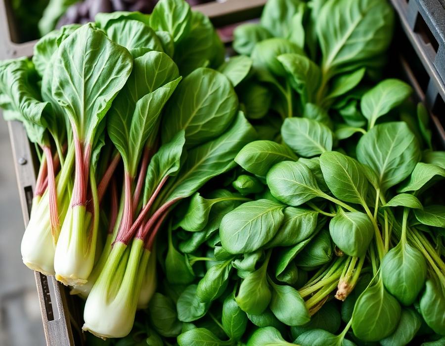 Fresh leafy vegetables in a market crate